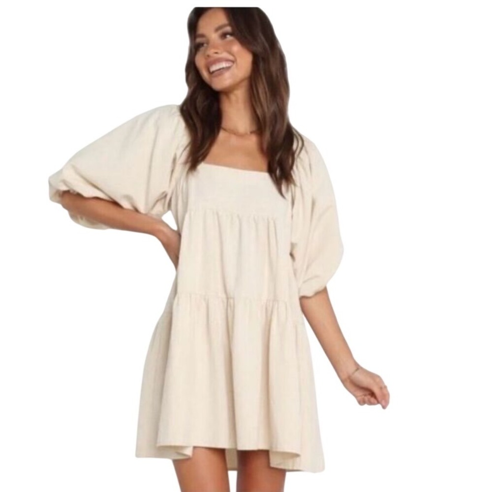 REVOLVE SNDYS Jamel Dress Beige  Babydoll Tiered Smock Linen blend dress Size L